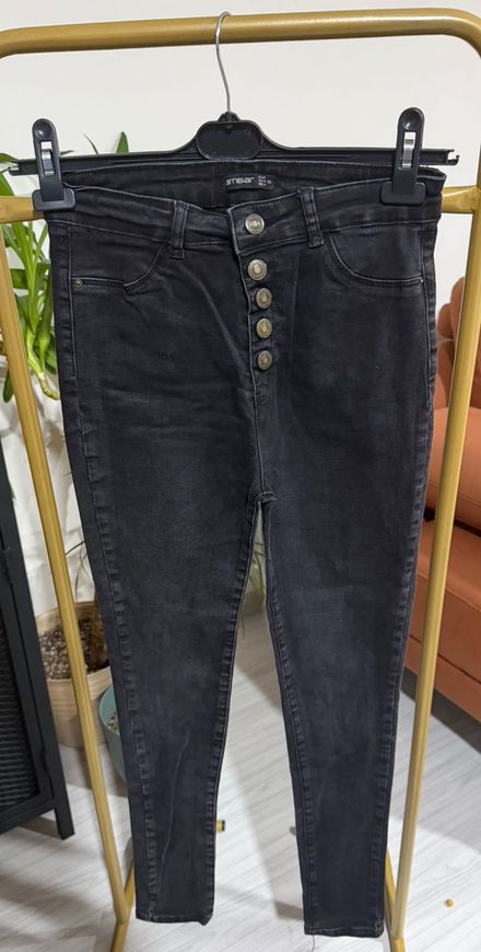 Siyah Düğmeli Jean Pantolon Yüksek Bel