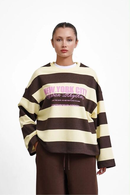 Kontrast Çizgili NewYork Baskılı Sweat