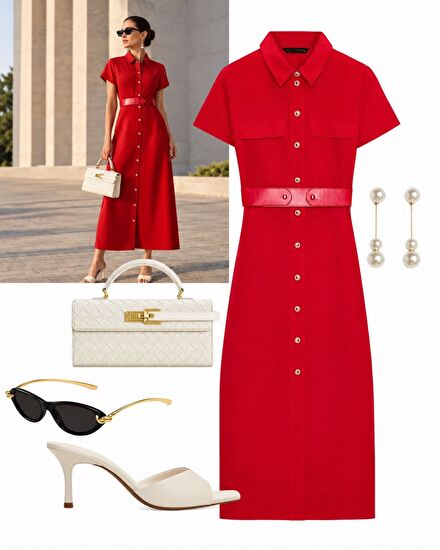 Zara Kemerli Midi Elbise