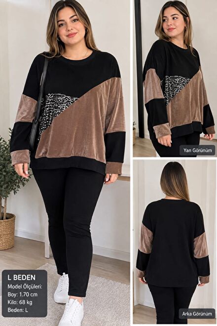 Siyah Payetli Kadife Bluz l xl uyumlu