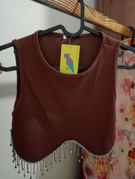 Kahverengi Kristal Detaylı Crop Top
