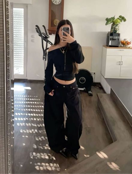 Y2k Gotik Siyah Kayık Yaka Bluz