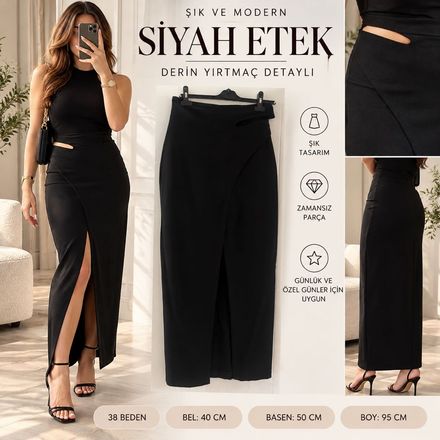Siyah Derin Yırtmaçlı Uzun Kalem Etek
