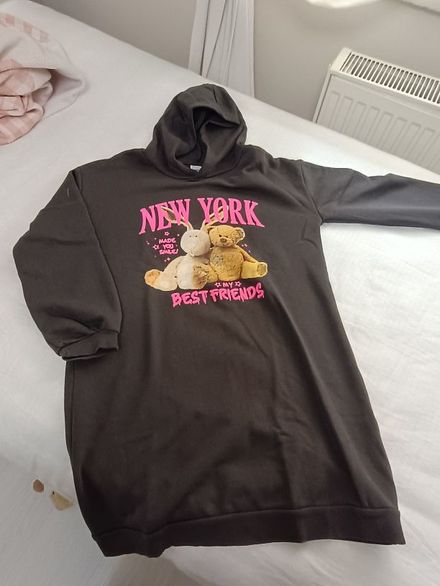 Kapüşonlu Ayı Baskılı Sweatshirt Elbise