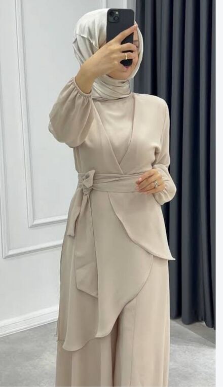 Tesettür Bej Takım etek pantolonlu