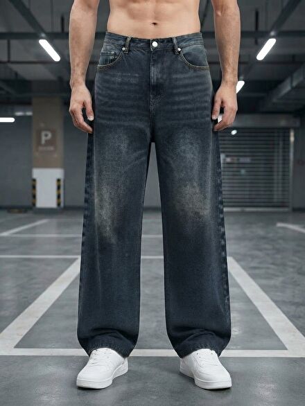 Erkek Bol Kesim Siyah Jean Pantolon
