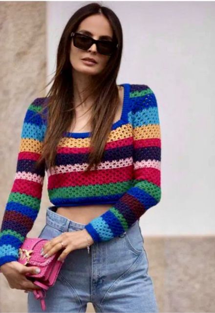 Zara Renkli Kroşe Crop Kazak