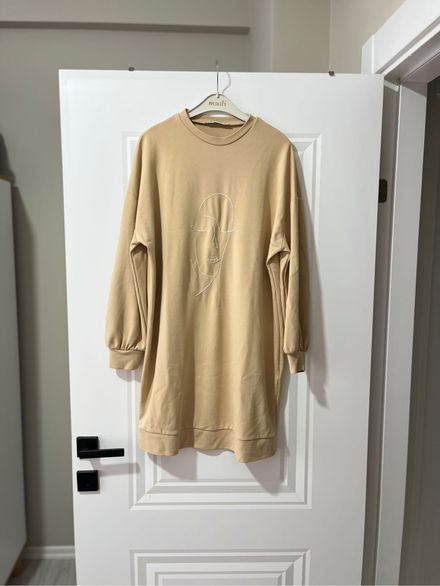 Bej yüz nakış detaylı sweat tunik elbise