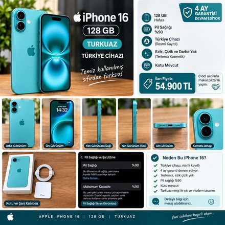 Apple iPhone 16 128 GB Turkuaz