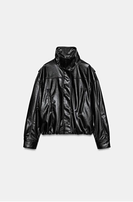 Zara Siyah Deri Gorunumlu Bomber Ceket