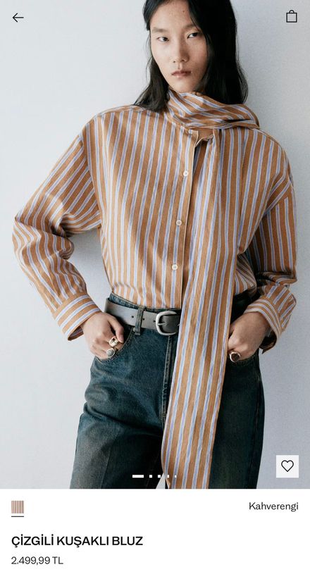 Mango Kahverengi Çizgili poplin Bluz XS