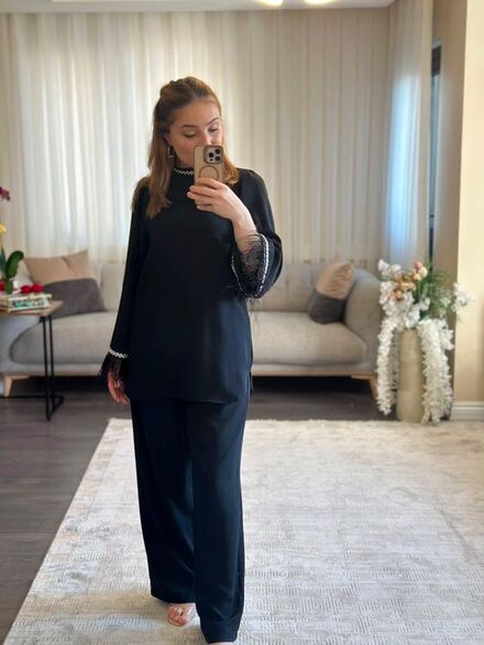 Siyah Tüylü gömlek ve Pantolon Takımı