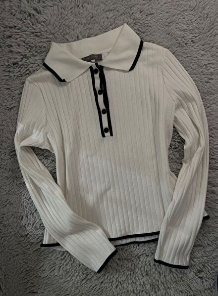Beyaz Polo Yaka Triko Sweatshirt