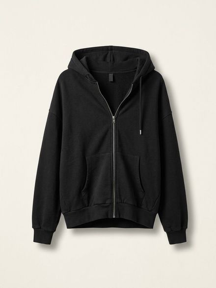 Siyah Fermuarlı Kapüşonlu Sweatshirt