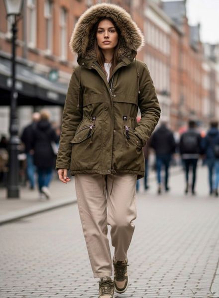 BERSHKA Peluş Kapusonlu Haki Mont