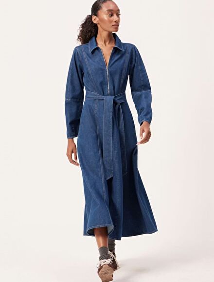 Kadın Denim Elbise Midi Boy Fermuarlı