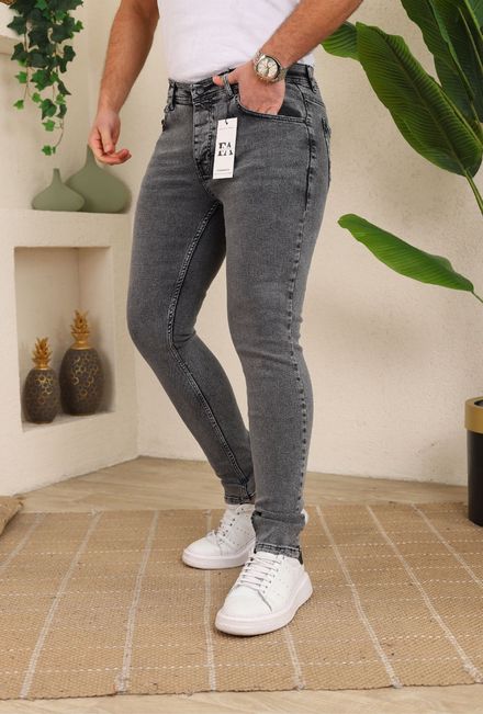 Byfuqqa Erkek Gri Likralı Slimfit Jeans