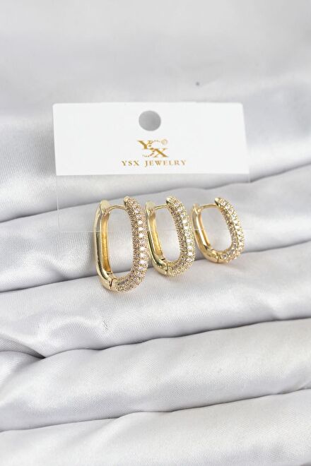 Zirkon Taşlı Oval Tasarım Küpe Seti