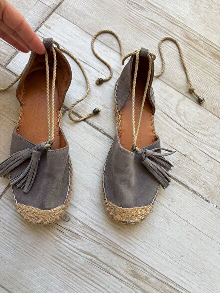 Bağlamalı hasır süet espadril sandalet