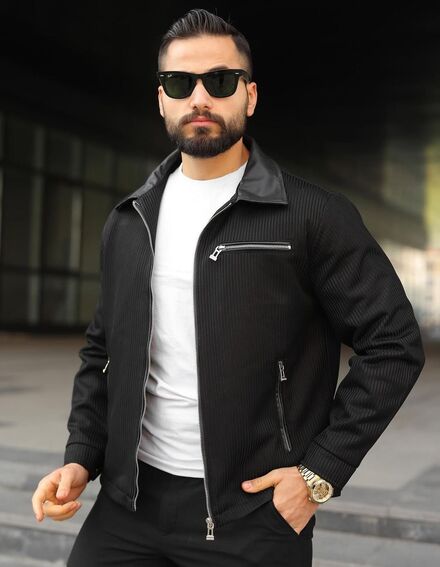 Siyah Fermuarlı Dokulu Klasik Spor Ceket