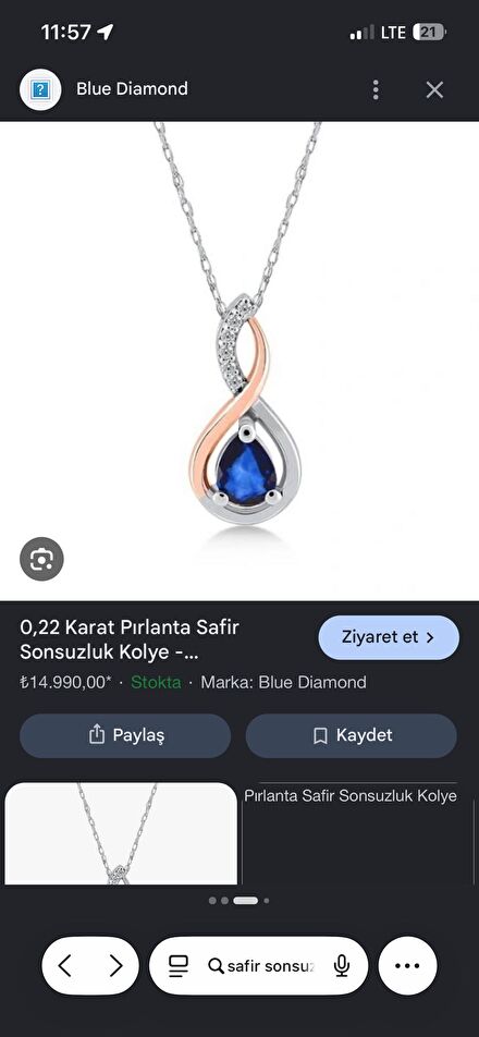 Blue diamond safir kolye