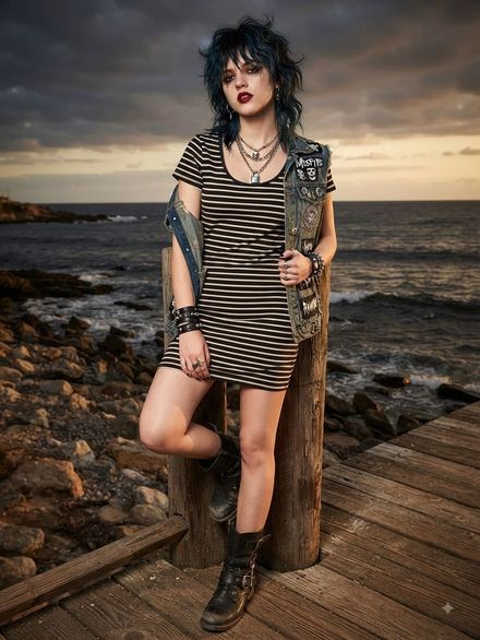 Punk Rock Cool Çizgili Mini Elbise