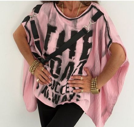 Pembe siyah Baskılı Oversize Bluz