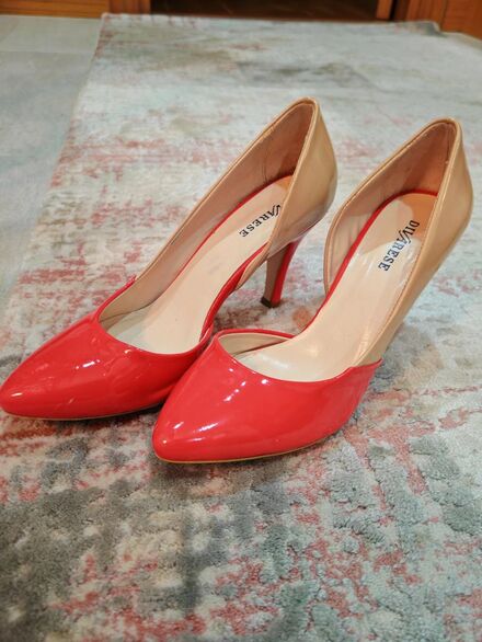 Kırmızı ve Bej Deri Stiletto Ayakkabı