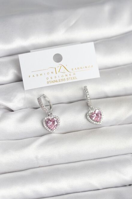 Gümüş renk pembe kalp charm küpe