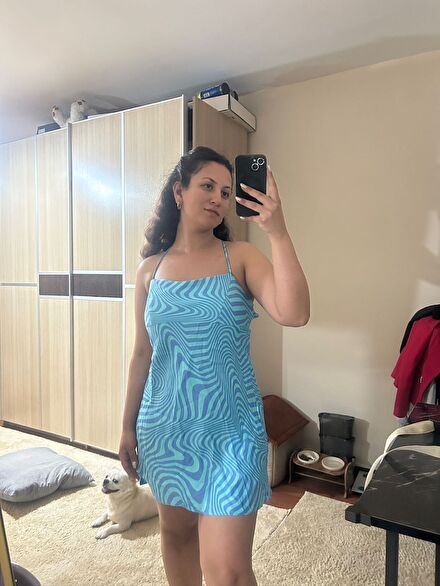 Zara Mavi Desenli Mini Elbise