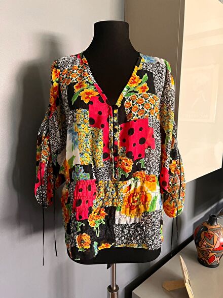 Patchwork Desenli Şifon Bluz