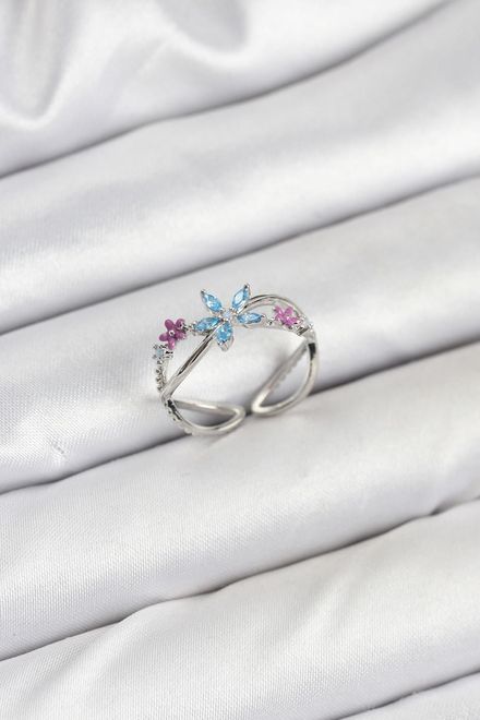 Mavi çiçek model çelik yüzük