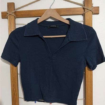 Lacivert Polo Yaka Crop Tişört