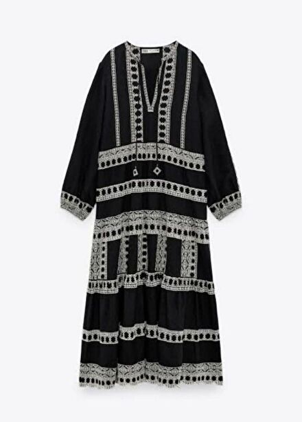 Zara Siyah Nakışlı Etnik Uzun Elbise