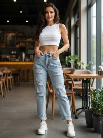 Premium Indigo Mavi Yırtık Mom Jean!/36