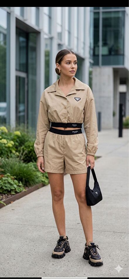 Prada Bej Bomber Ceket Şortlu Takım