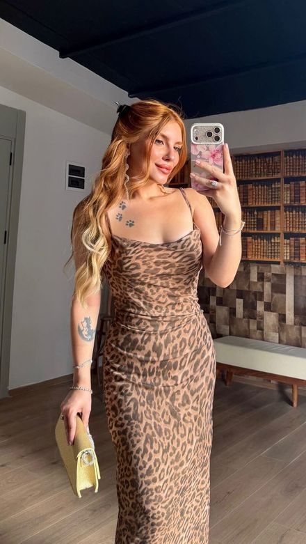 Degaje Yaka İnce Askılı Tül Elbise🤎🐆