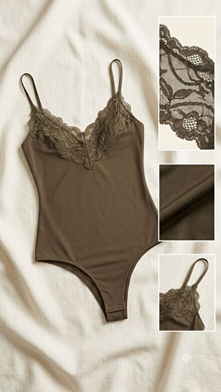 Yeşil Dantel Detaylı Body