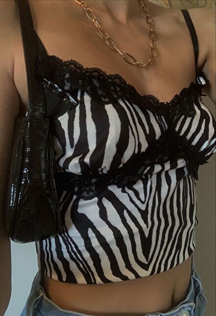 Shein Zebra Desenli Dantel Askılı Bluz