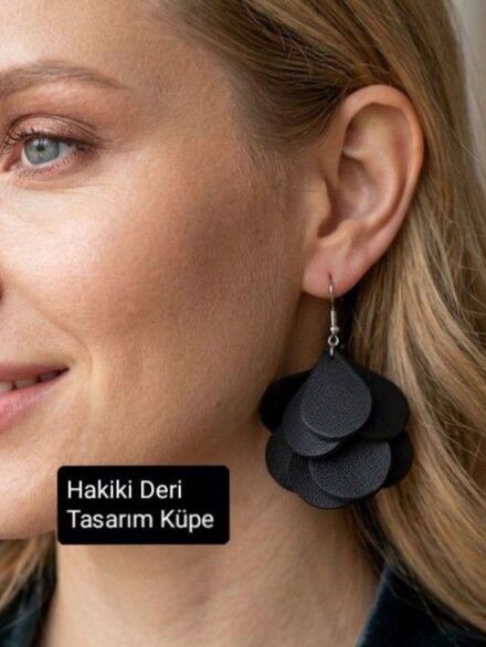 Küpe Siyah Deri Uzun Geniş Büyük