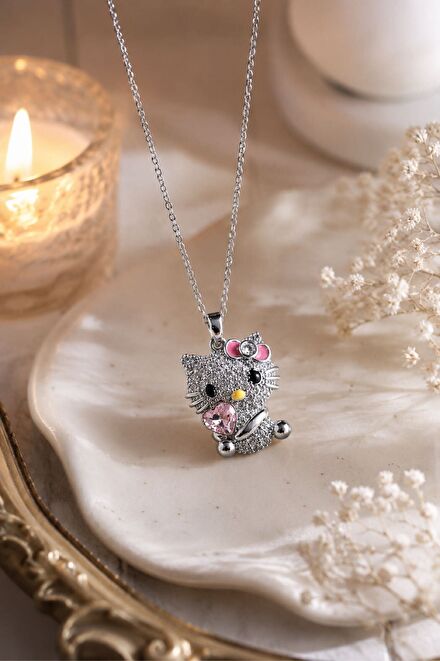 GÜMÜŞ RENK HELLO KITTY KOLYESİ ÇELİK