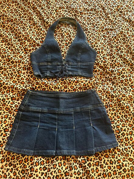 TrendyolDenim Bralet ve Pilili Etek Seti