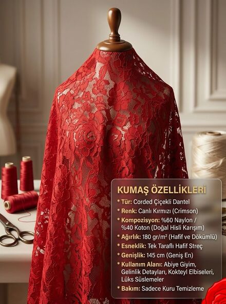 Canlı Kırmızı Dantel Kumaş