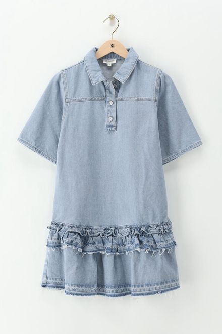 Kısa Kol Fırfırlı Denim Kısa Elbise
