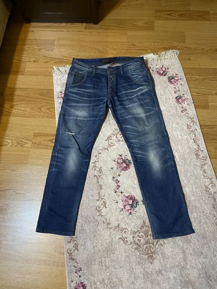 Erkek Kot Pantolon Mavi Yırtık Detaylı