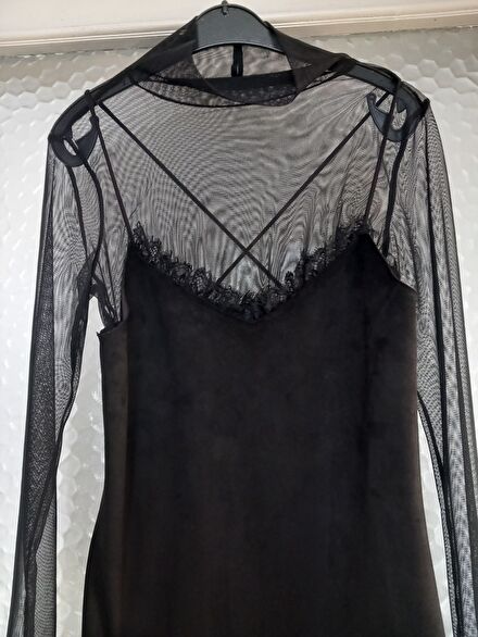 Zara Siyah Süet Elbise Çapraz Transparan