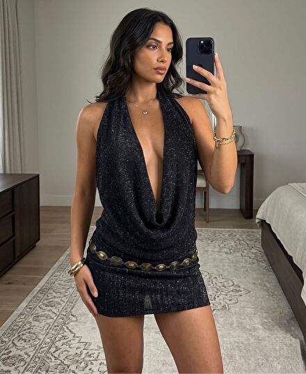 Siyah simli gold Mini Elbise