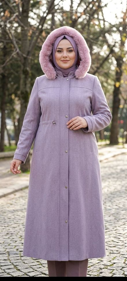 Lila Kadın Kapüşonlu Kaban