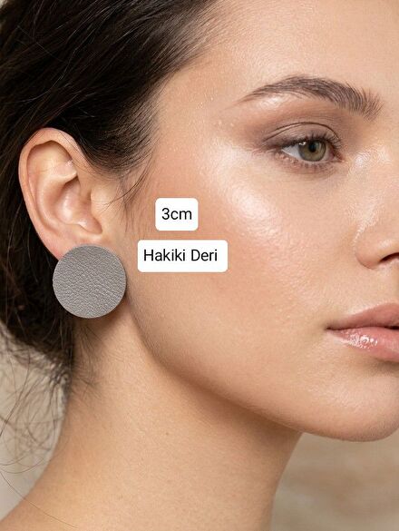 Gri Deri Yuvarlak Daire Modern Küpe Takı