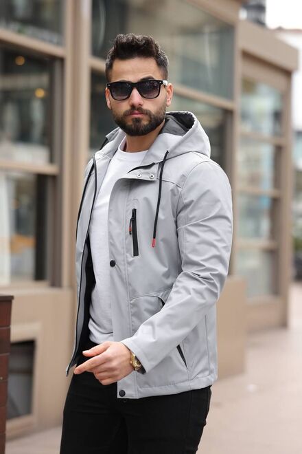 Erkek Gri Kapüşonlu Softshell Mont